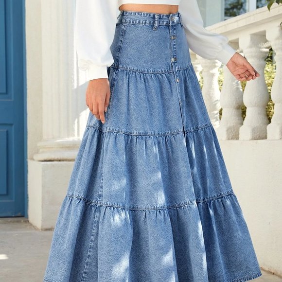 Blue Casual Womens Button Front Ruffle Hem Denim Skirt - Picture 5 of 5